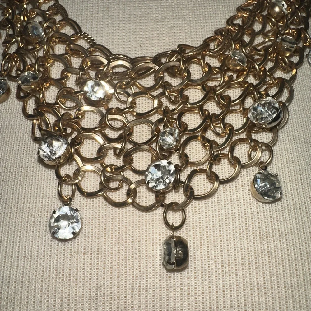 Vintage Y2K Gold Tone Clear Crystal Mesh Bib Waterfall Statement Necklace Glam